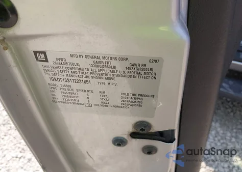 2007 GMC Envoy Slt z USA, uszkodzony, nr VIN 1GKDT13S172231651